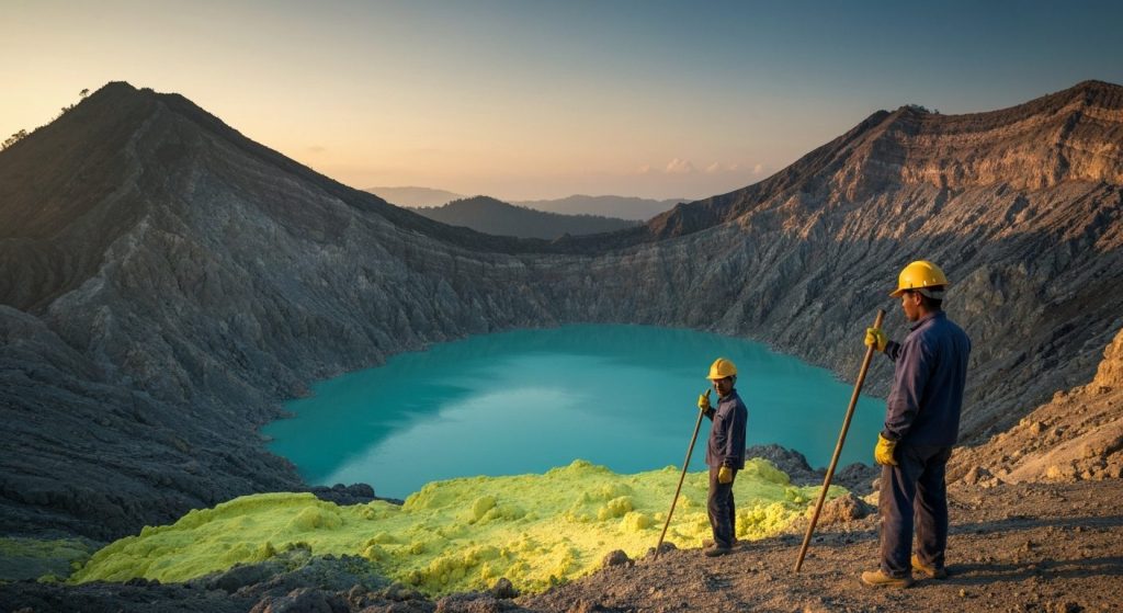 sulfur miners ijen crater working conditions — Photorealistic editorial travel photograph relevant to: An independent ex